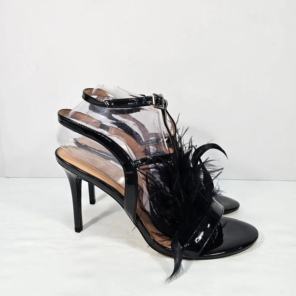 Halston Heritage Tasha Black Patent Feather Ankle Strap Sandals 4